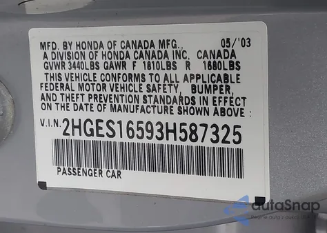 2003 Honda Civic Lx from USA, damaged, VIN 2HGES16593H587325